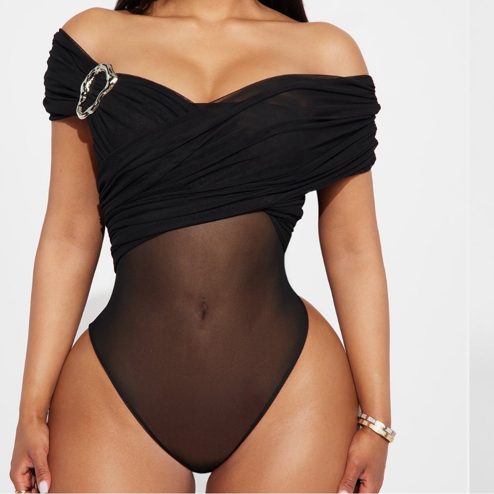 Fashion Nova Black Off-Shoulder Bodysuit with Buckle